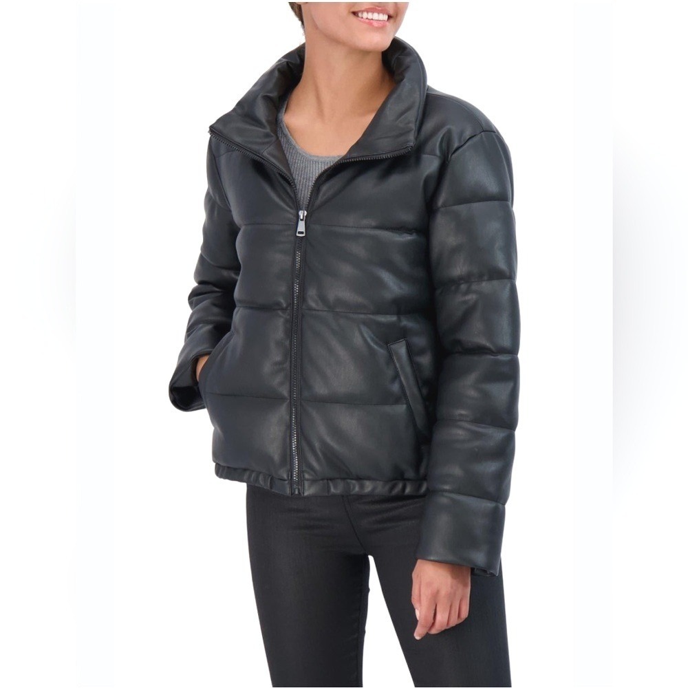 Sebby Faux Leather Puffer Jacket Womens L Black Quilted Full Zip Mock Neck